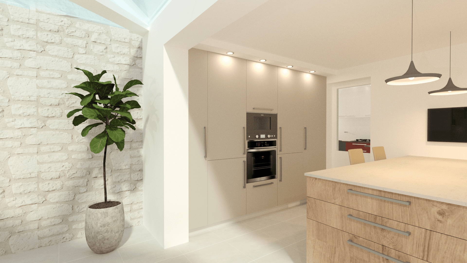 Simulation 3D de cuisine ouverte avec mur en pierre