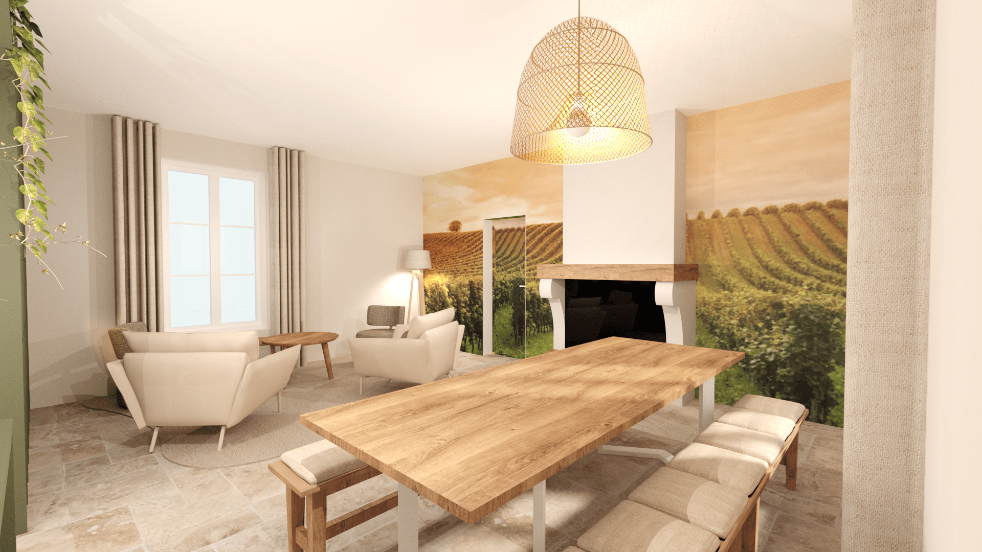 Simulation 3D de salle à manger avec mobilier bois et un mur imprimé de paysage viticole