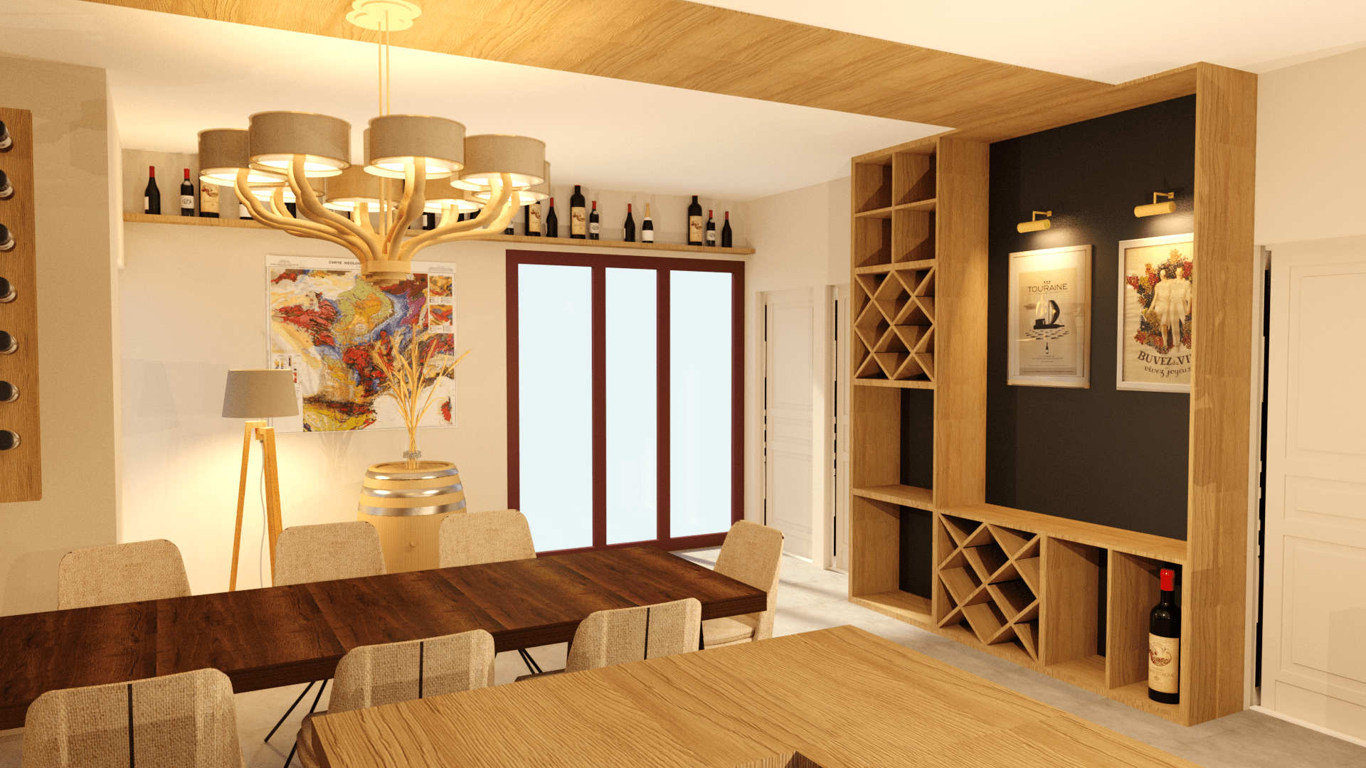 Simulation 3D de salle à manger avec mobilier bois et mur porte-bouteilles de vin